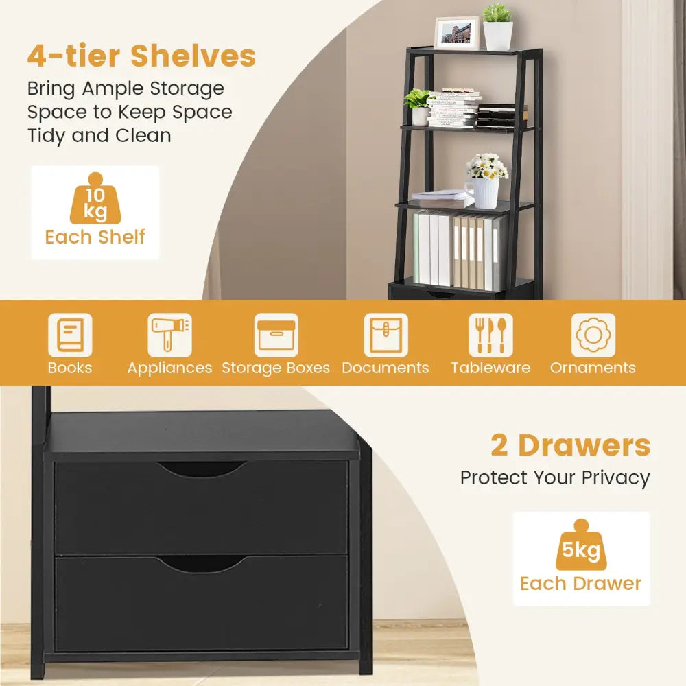 4-Tier Ladder Bookshelf Storage Display with 2 Drawers - Black - Bookcases
