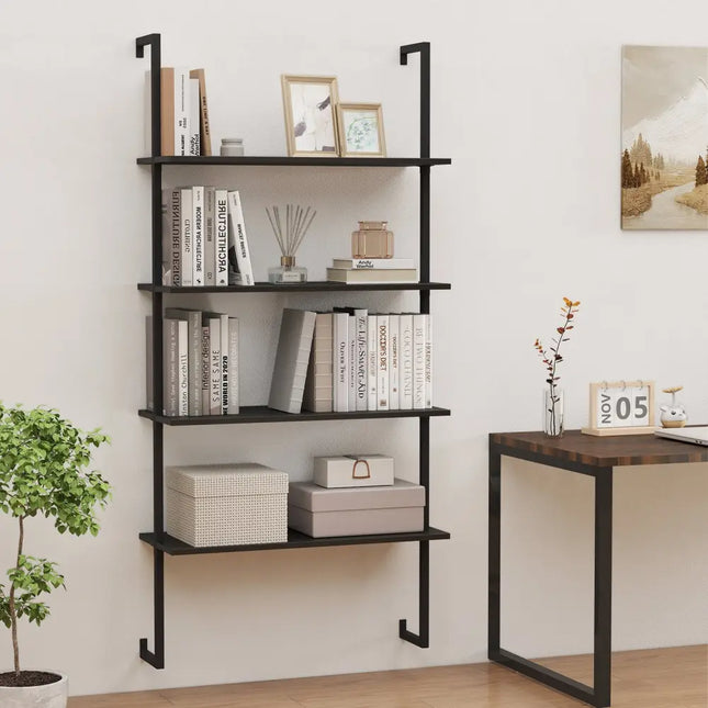 4-Tier Ladder Shelf Open Wall Mounted Bookcase with Wooden Boards and Metal Frame-Black Costway