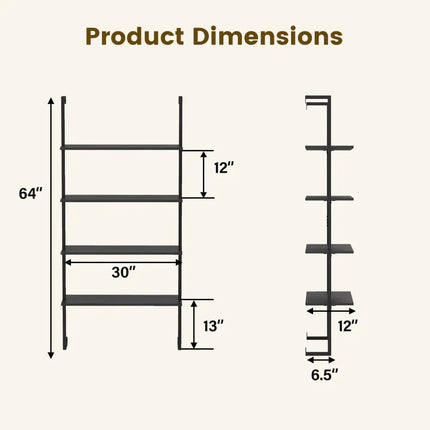 4-Tier Ladder Shelf Open Wall Mounted Bookcase with Wooden Boards and Metal Frame-Black Costway