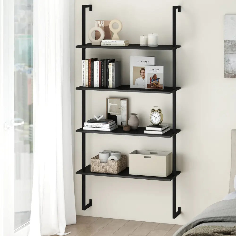 4-Tier Ladder Shelf Open Wall Mounted Bookcase with Wooden Boards and Metal Frame-Black - Black - Bookcases