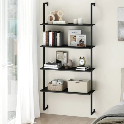 4-Tier Ladder Shelf Open Wall Mounted Bookcase with Wooden Boards and Metal Frame-Black Costway
