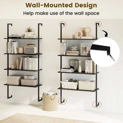 4-Tier Ladder Shelf Open Wall Mounted Bookcase with Wooden Boards and Metal Frame-Black Costway