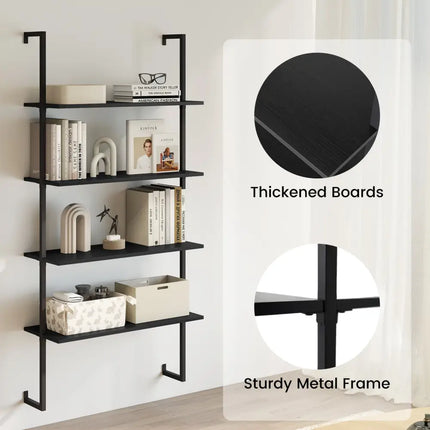 4-Tier Ladder Shelf Open Wall Mounted Bookcase with Wooden Boards and Metal Frame-Black Costway