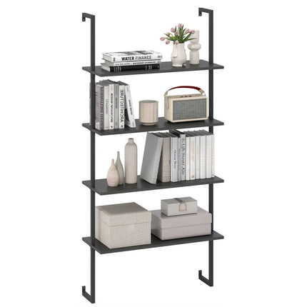4-Tier Ladder Shelf Open Wall Mounted Bookcase with Wooden Boards and Metal Frame-Black Costway