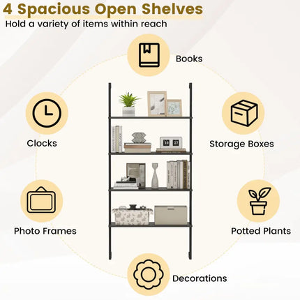 4-Tier Ladder Shelf Open Wall Mounted Bookcase with Wooden Boards and Metal Frame-Black Costway