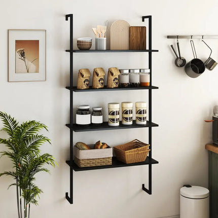 4-Tier Ladder Shelf Open Wall Mounted Bookcase with Wooden Boards and Metal Frame-Black Costway