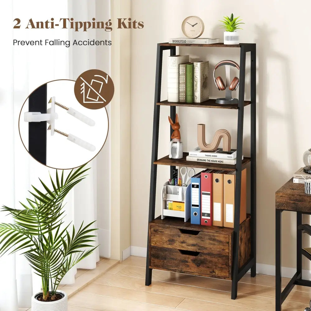 4-Tier Ladder Shelf with 2 Drawers 52.5 Inch Tall Freestanding Bookcase-Rustic Brown - Rustic Brown - Bookcases