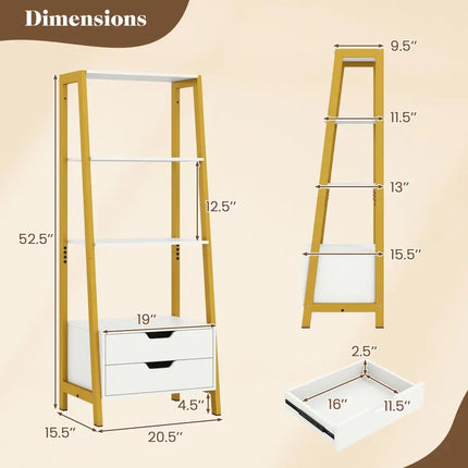 4-Tier Ladder Shelf with 2 Drawers 52.5 Inch Tall Freestanding Bookcase-White Costway