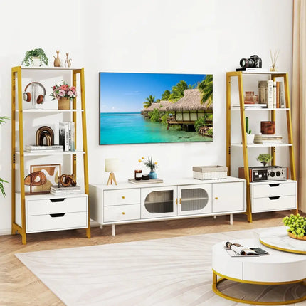 4-Tier Ladder Shelf with 2 Drawers 52.5 Inch Tall Freestanding Bookcase-White Costway