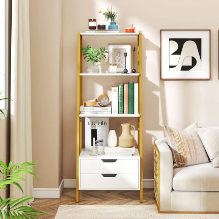4-Tier Ladder Shelf with 2 Drawers 52.5 Inch Tall Freestanding Bookcase-White Costway