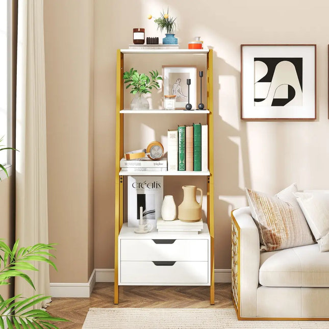 4-Tier Ladder Shelf with 2 Drawers 52.5 Inch Tall Freestanding Bookcase-White Costway