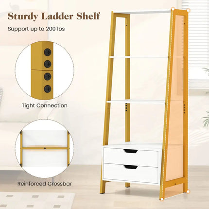 4-Tier Ladder Shelf with 2 Drawers 52.5 Inch Tall Freestanding Bookcase-White Costway