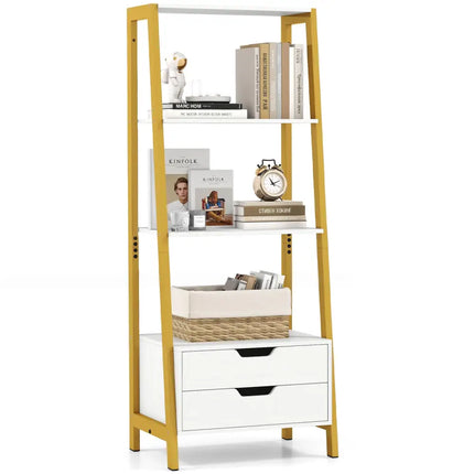 4-Tier Ladder Shelf with 2 Drawers 52.5 Inch Tall Freestanding Bookcase-White Costway
