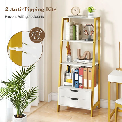 4-Tier Ladder Shelf with 2 Drawers 52.5 Inch Tall Freestanding Bookcase-White Costway