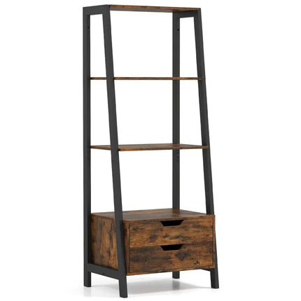 4-Tier Ladder Shelf with 2 Drawers 52.5 Inch Tall Freestanding Bookcase-Rustic Brown Costway