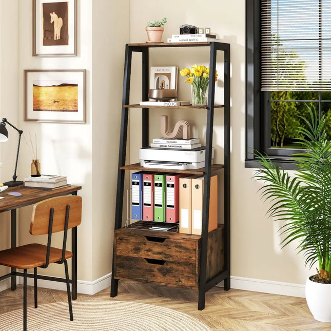4-Tier Ladder Shelf with 2 Drawers 52.5 Inch Tall Freestanding Bookcase-Rustic Brown Costway