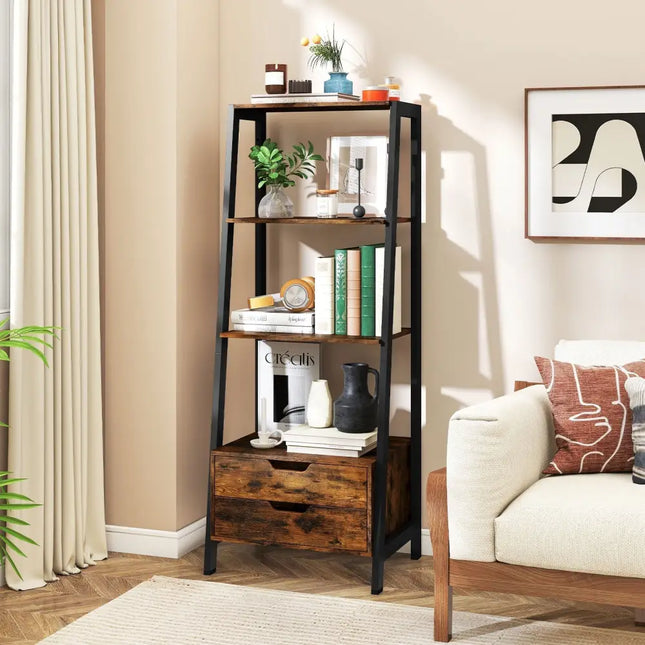 4-Tier Ladder Shelf with 2 Drawers 52.5 Inch Tall Freestanding Bookcase-Rustic Brown Costway