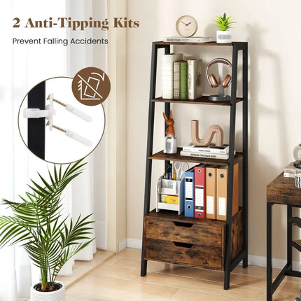 4-Tier Ladder Shelf with 2 Drawers 52.5 Inch Tall Freestanding Bookcase-Rustic Brown Costway