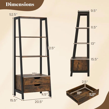 4-Tier Ladder Shelf with 2 Drawers 52.5 Inch Tall Freestanding Bookcase-Rustic Brown Costway