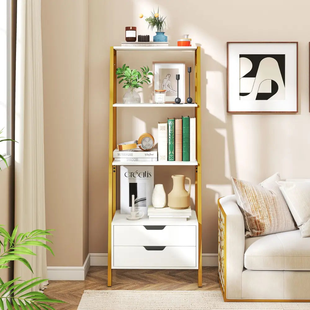 4-Tier Ladder Shelf with 2 Drawers 52.5 Inch Tall Freestanding Bookcase-White - White - Bookcases