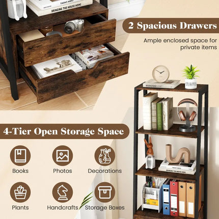 4-Tier Ladder Shelf with 2 Drawers 52.5 Inch Tall Freestanding Bookcase-Rustic Brown Costway