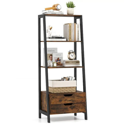 4-Tier Ladder Shelf with 2 Drawers 52.5 Inch Tall Freestanding Bookcase-Rustic Brown Costway