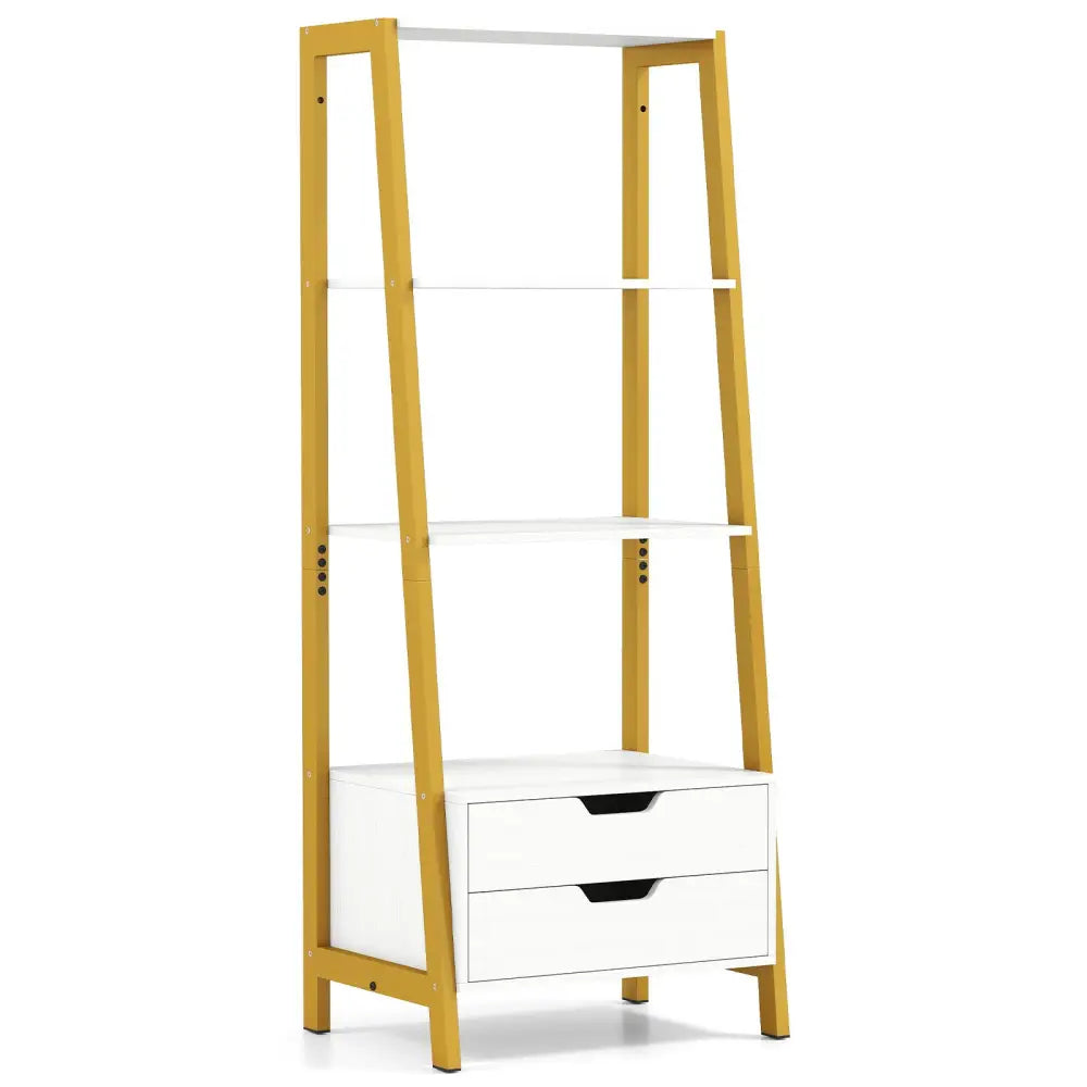 4-Tier Ladder Shelf with 2 Drawers 52.5 Inch Tall Freestanding Bookcase-White - White - Bookcases