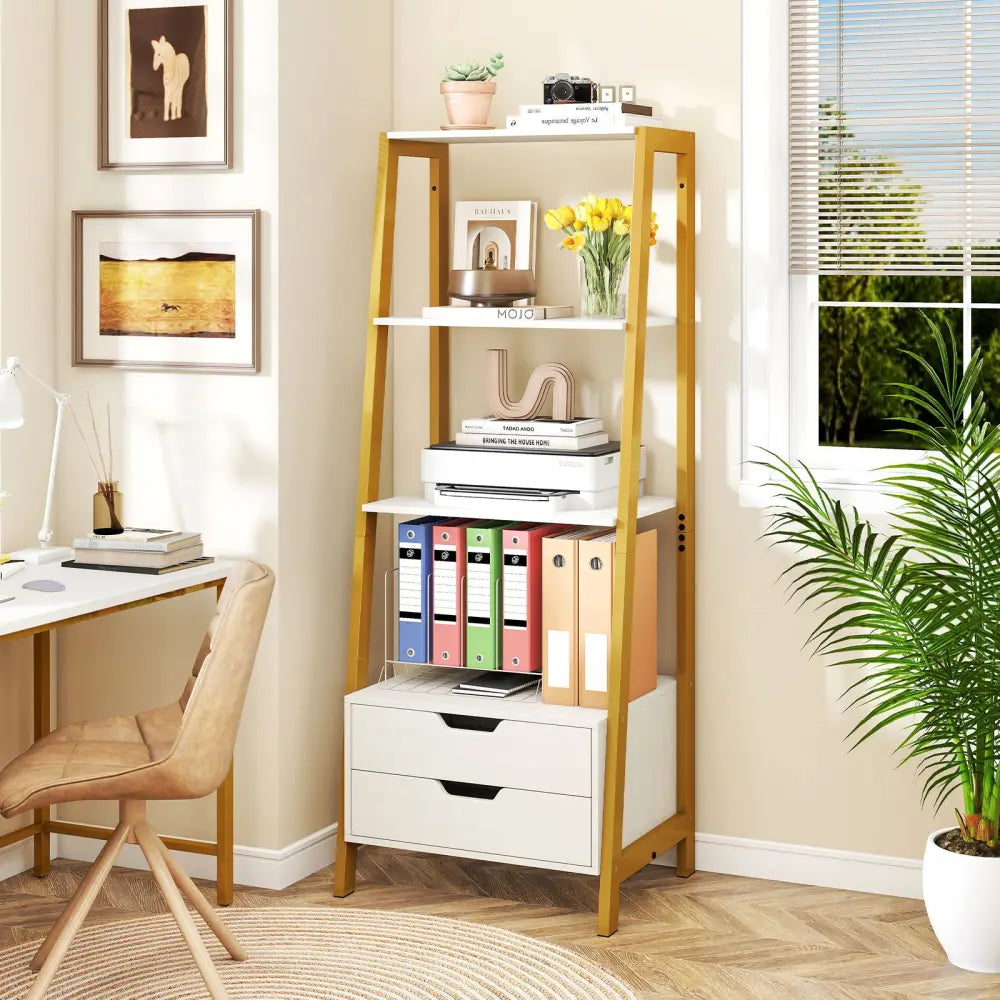 4-Tier Ladder Shelf with 2 Drawers 52.5 Inch Tall Freestanding Bookcase-White - White - Bookcases