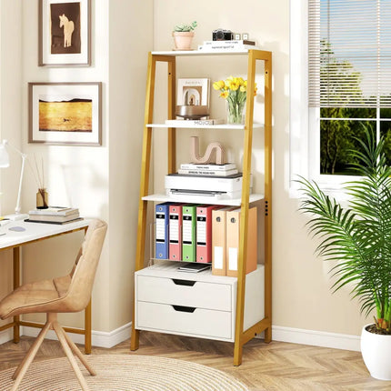 4-Tier Ladder Shelf with 2 Drawers 52.5 Inch Tall Freestanding Bookcase-White Costway