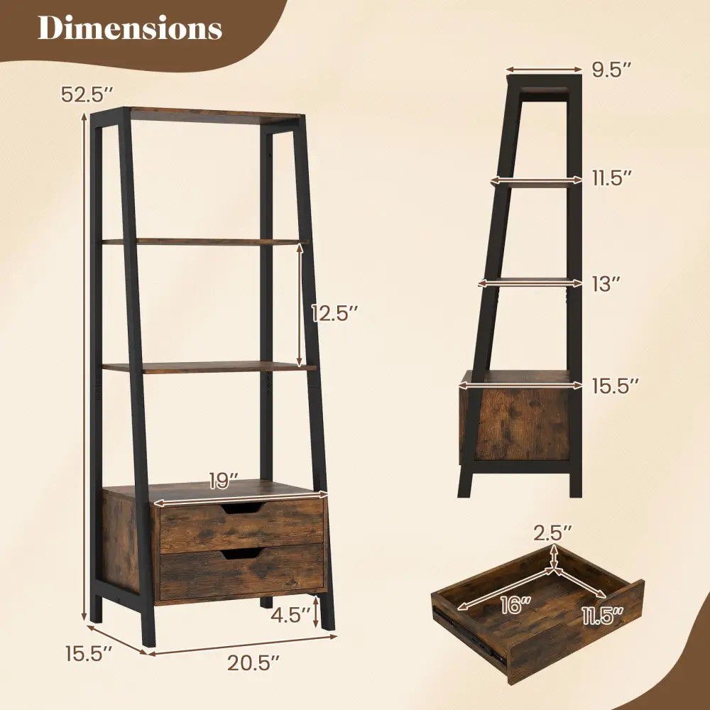 4-Tier Ladder Shelf with 2 Drawers 52.5 Inch Tall Freestanding Bookcase-Rustic Brown - Rustic Brown - Bookcases