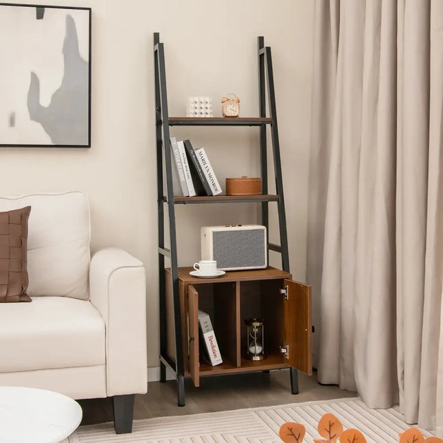 4-Tier Ladder Shelf with Cabinet and Metal Frame-Rustic Brown Costway