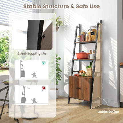 4-Tier Ladder Shelf with Cabinet and Metal Frame-Rustic Brown Costway