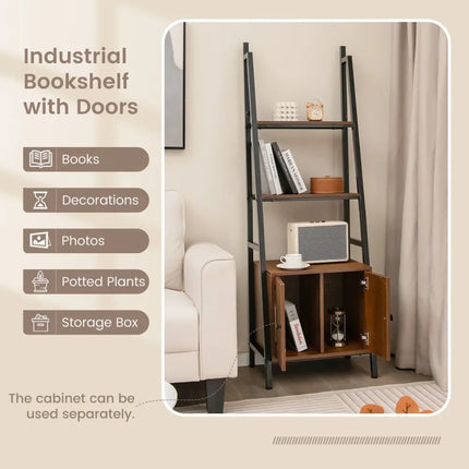 4-Tier Ladder Shelf with Cabinet and Metal Frame-Rustic Brown Costway
