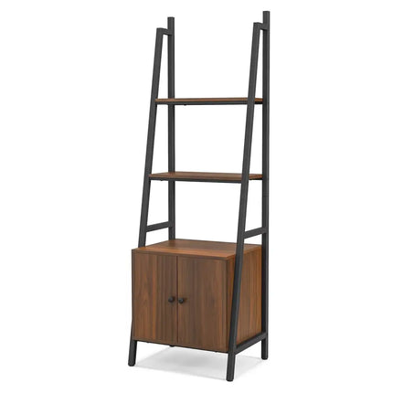 4-Tier Ladder Shelf with Cabinet and Metal Frame-Rustic Brown Costway
