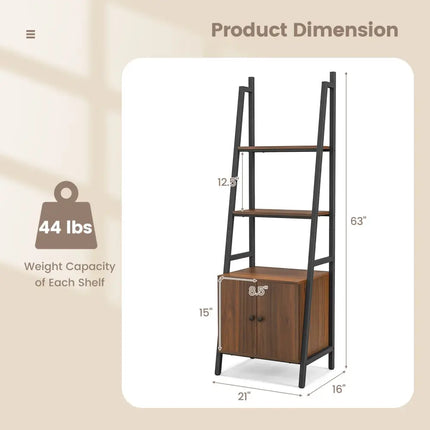 4-Tier Ladder Shelf with Cabinet and Metal Frame-Rustic Brown Costway