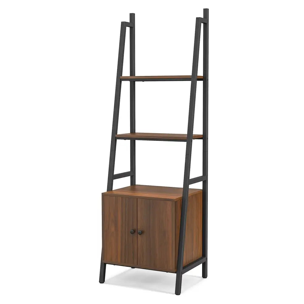 4-Tier Ladder Shelf with Cabinet and Metal Frame-Rustic Brown - Rustic Brown - Bookcases