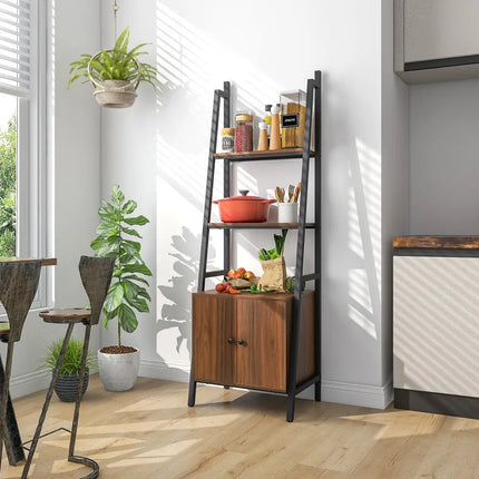 4-Tier Ladder Shelf with Cabinet and Metal Frame-Rustic Brown Costway