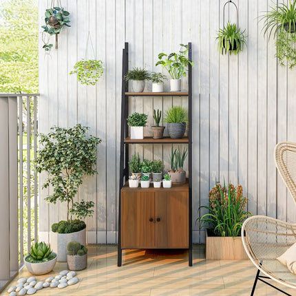 4-Tier Ladder Shelf with Cabinet and Metal Frame-Rustic Brown Costway