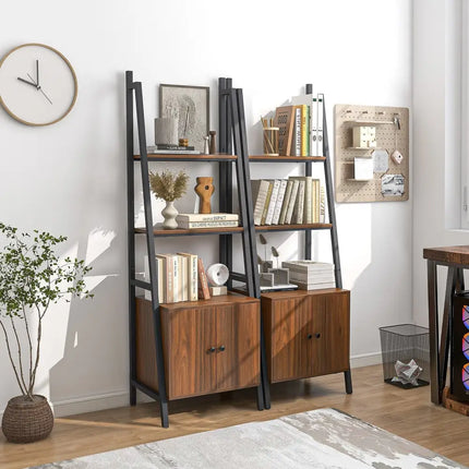 4-Tier Ladder Shelf with Cabinet and Metal Frame-Rustic Brown Costway