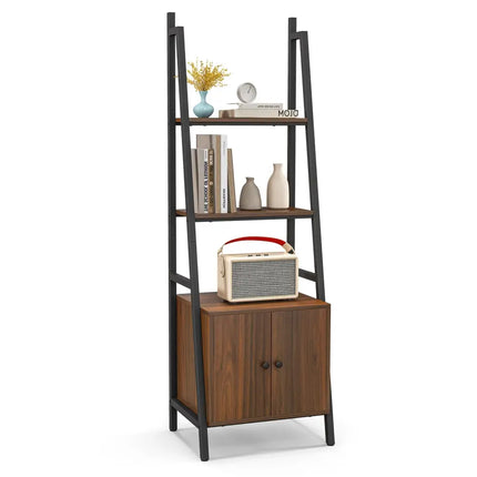 4-Tier Ladder Shelf with Cabinet and Metal Frame-Rustic Brown Costway
