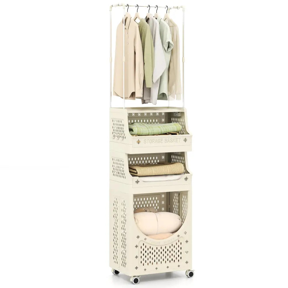 4-Tier Laundry Cart Folding Hamper with Hanging Bar and 8 Hanging Hooks - Beige - Laundry Baskets