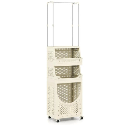 4-Tier Laundry Cart Folding Hamper with Hanging Bar and 8 Hanging Hooks - Beige - Laundry Baskets