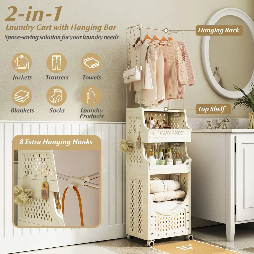 4-Tier Laundry Cart Folding Hamper with Hanging Bar and 8 Hanging Hooks - Beige - Laundry Baskets