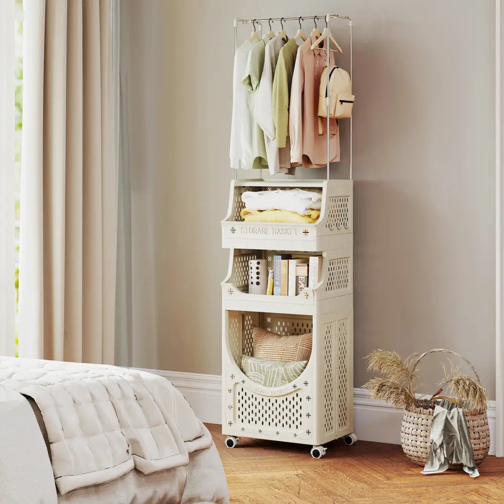 4-Tier Laundry Cart Folding Hamper with Hanging Bar and 8 Hanging Hooks - Beige - Laundry Baskets