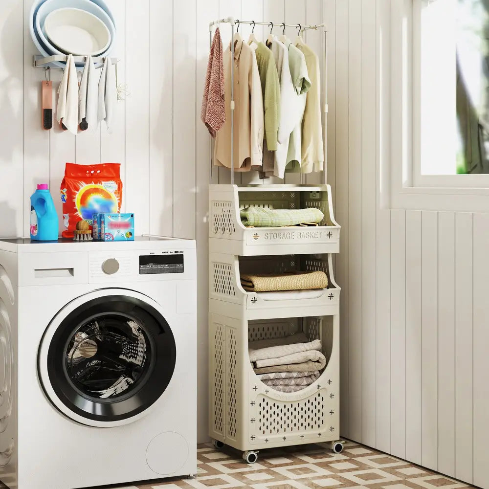 4-Tier Laundry Cart Folding Hamper with Hanging Bar and 8 Hanging Hooks - Beige - Laundry Baskets