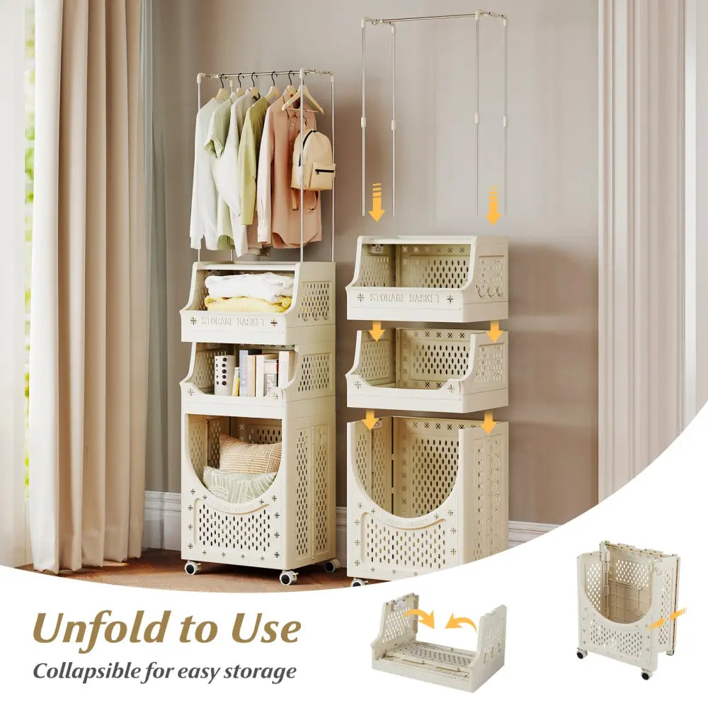 4-Tier Laundry Cart Folding Hamper with Hanging Bar and 8 Hanging Hooks - Beige - Laundry Baskets