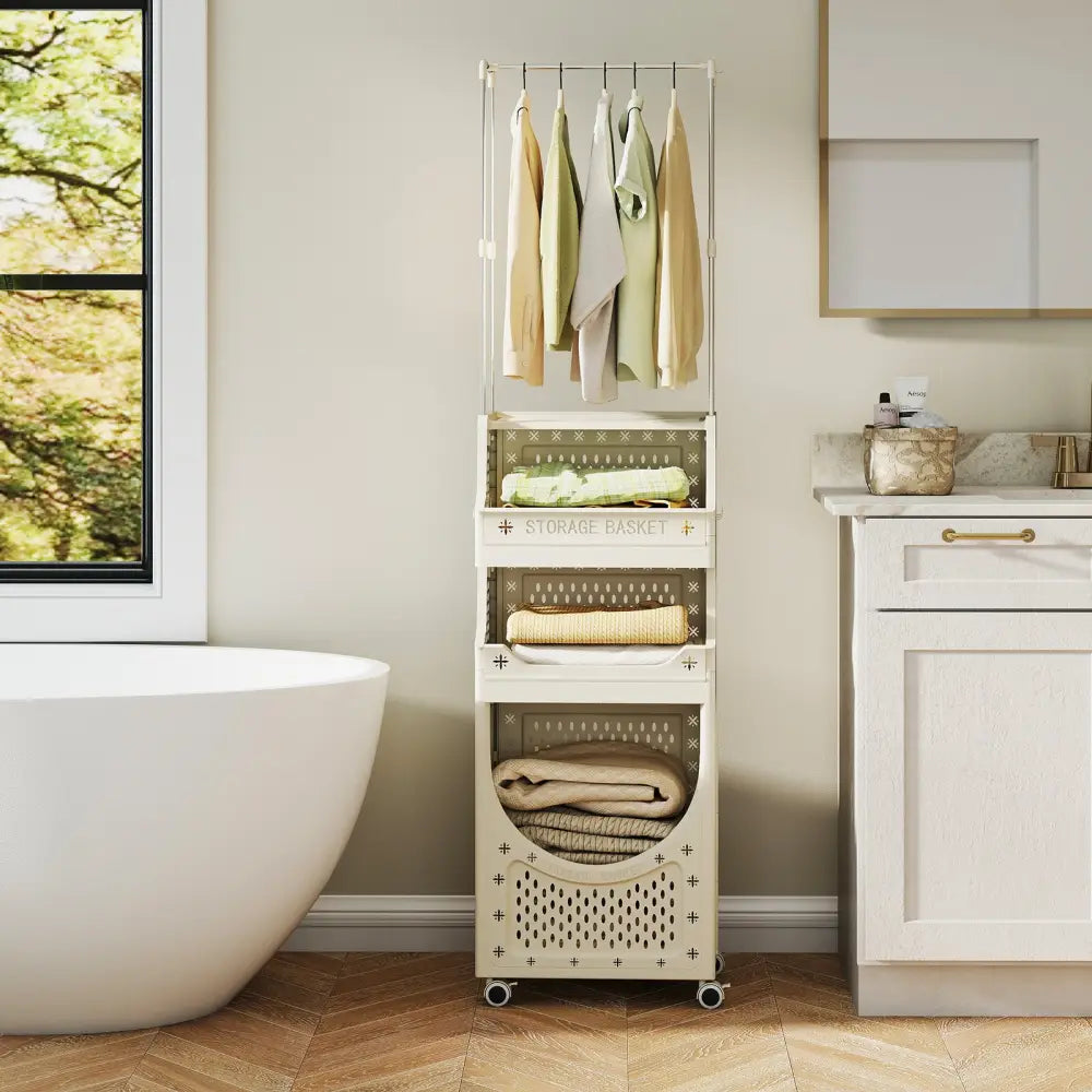 4-Tier Laundry Cart Folding Hamper with Hanging Bar and 8 Hanging Hooks - Beige - Laundry Baskets