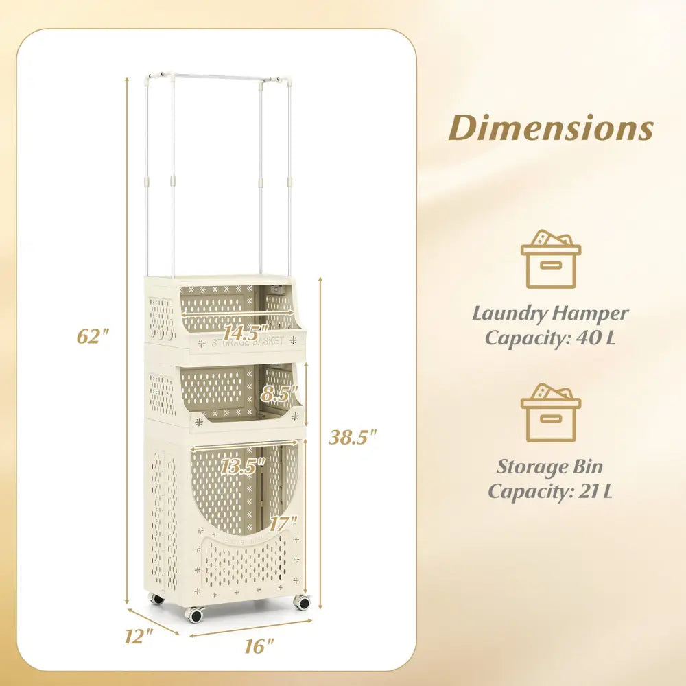 4-Tier Laundry Cart Folding Hamper with Hanging Bar and 8 Hanging Hooks - Beige - Laundry Baskets