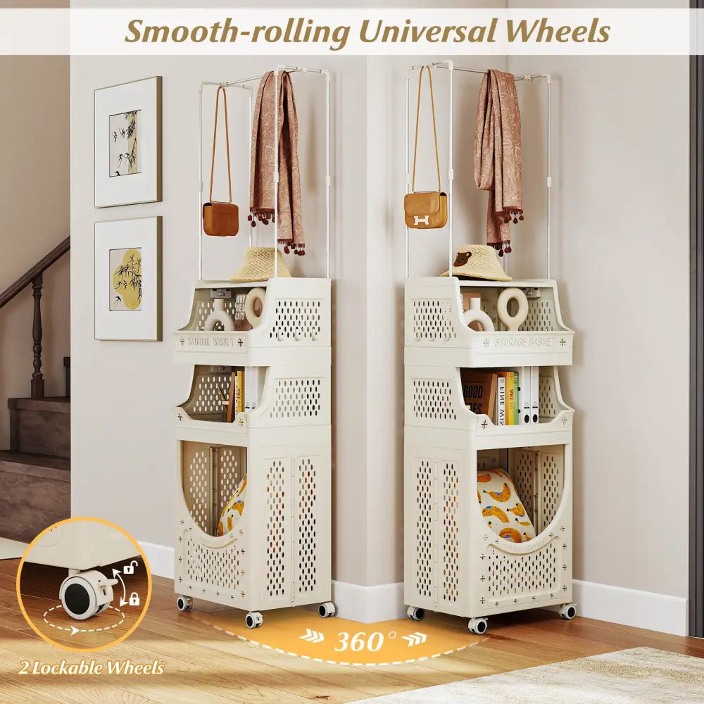 4-Tier Laundry Cart Folding Hamper with Hanging Bar and 8 Hanging Hooks - Beige - Laundry Baskets