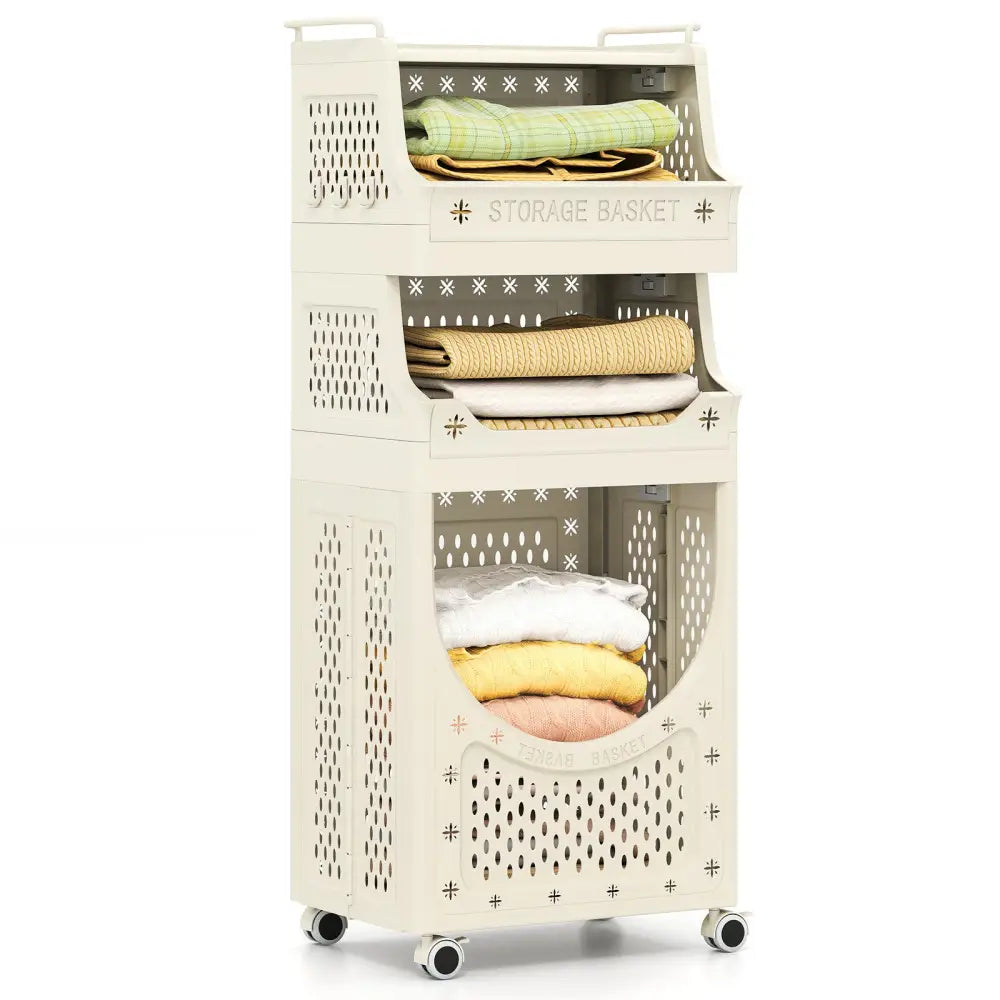 4-Tier Laundry Cart Folding Hamper with Lockable Wheels - Beige - Laundry Baskets